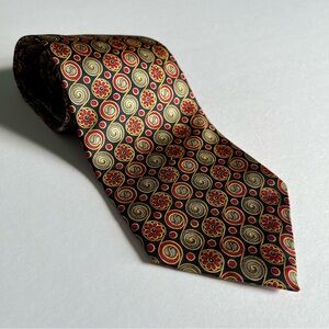 CHRISTIAN DIOR Men’s Vintage Designer Gold Red Swirls Floral 100% Silk Tie